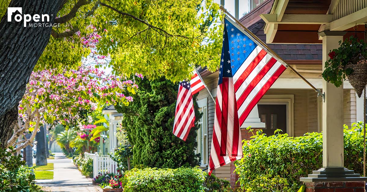 American flags in a neighborhood